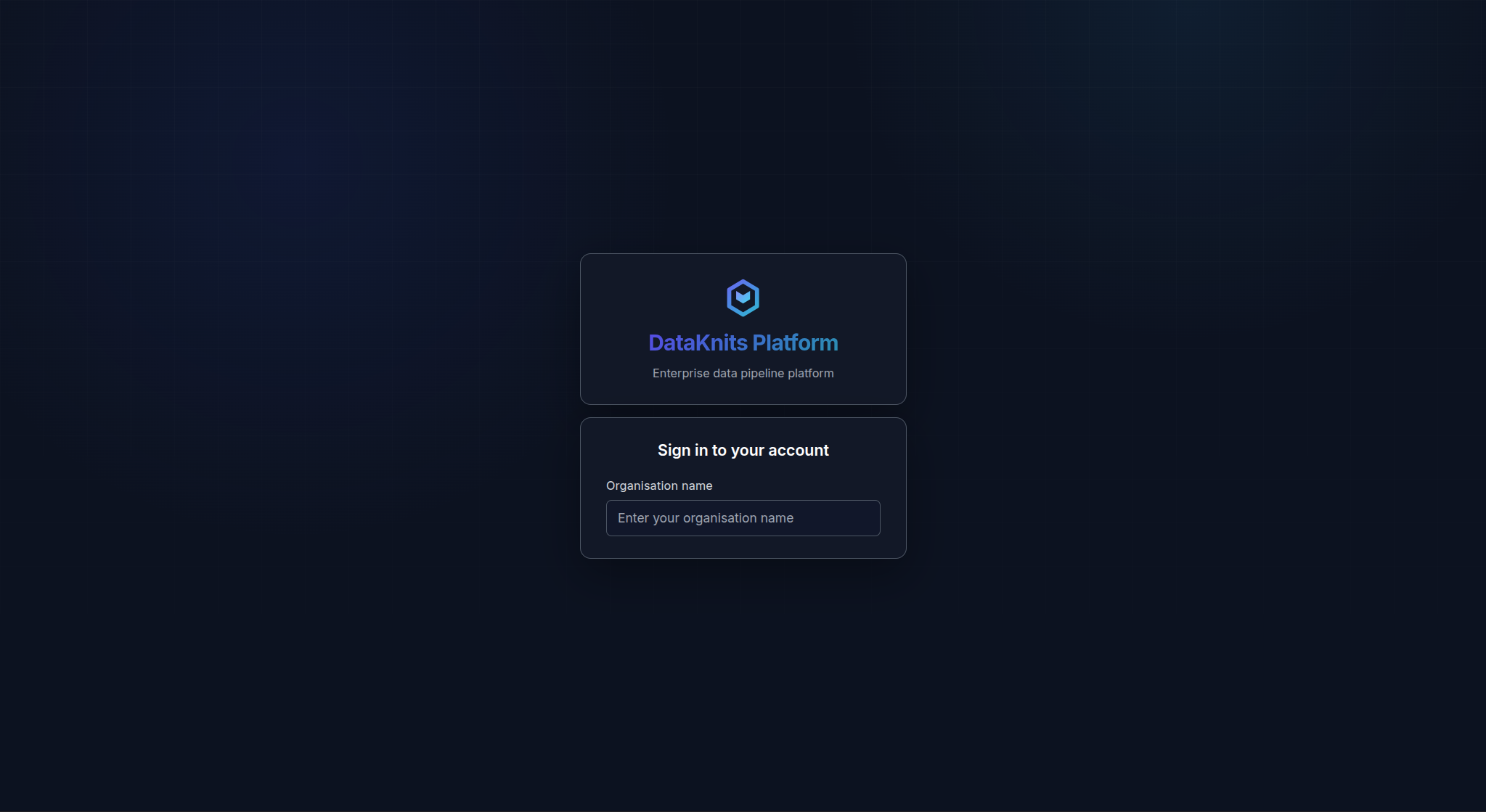 Initial DataKnits login screen showing only the organisation name field